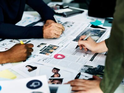 Group of diverse people brainstorming together